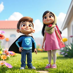 A vibrant and lively animated 3D scene depicting a cheerful and sunny backyard