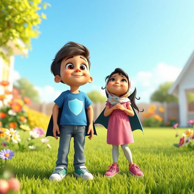 A vibrant and lively animated 3D scene depicting a cheerful and sunny backyard