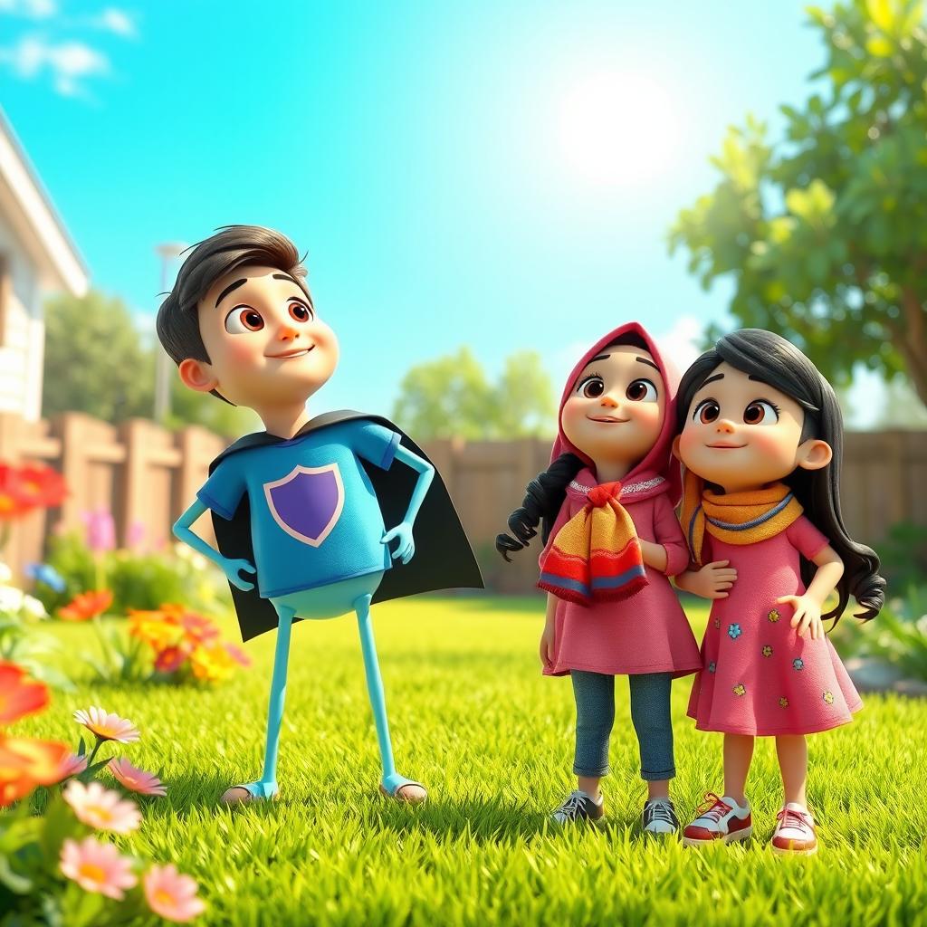 A vibrant and lively animated 3D scene depicting a cheerful and sunny backyard