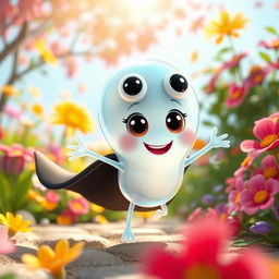 A dynamic and enchanting animated 3D scene featuring a cute and whimsical character resembling a beneficial cartoon bacteria