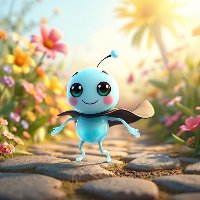 A dynamic and enchanting animated 3D scene featuring a cute and whimsical character resembling a beneficial cartoon bacteria