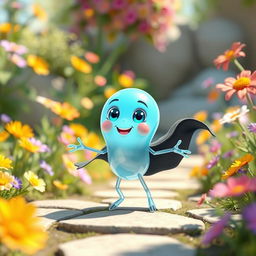 A dynamic and enchanting animated 3D scene featuring a cute and whimsical character resembling a beneficial cartoon bacteria