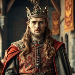 A medieval earl in full regalia, looking confidently into the camera
