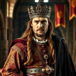 A medieval earl in full regalia, looking confidently into the camera