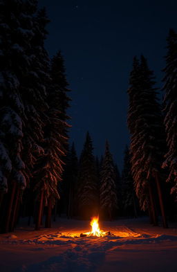 A serene night scene in the Siberian taiga, with tall pine trees blanketed in snow