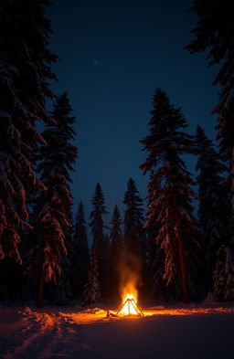 A serene night scene in the Siberian taiga, with tall pine trees blanketed in snow