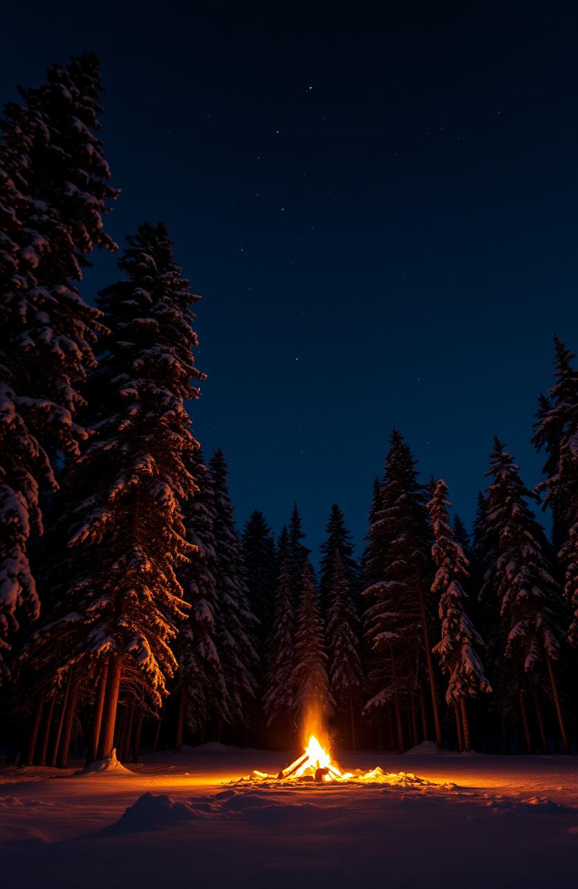 A serene night scene in the Siberian taiga, with tall pine trees blanketed in snow