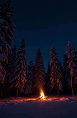 A serene night scene in the Siberian taiga, with tall pine trees blanketed in snow