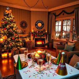A festive and cozy indoor scene celebrating New Year, featuring a beautifully decorated living room with a large New Year's tree adorned with twinkling fairy lights and colorful ornaments