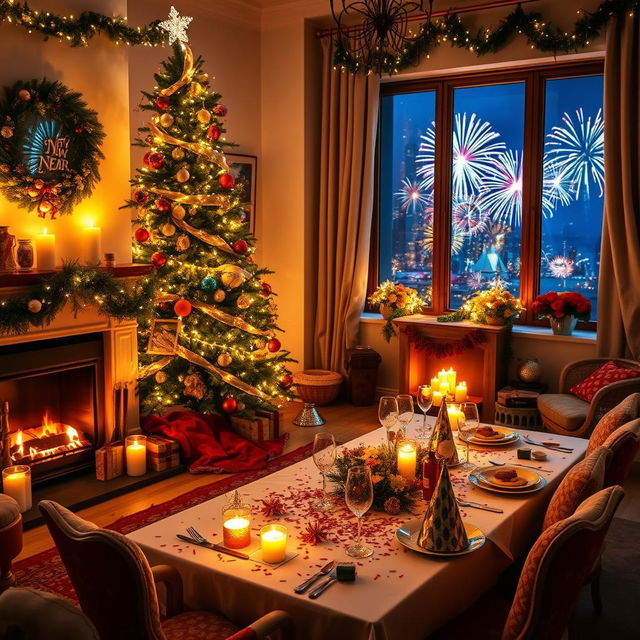 A festive and cozy indoor scene celebrating New Year, featuring a beautifully decorated living room with a large New Year's tree adorned with twinkling fairy lights and colorful ornaments