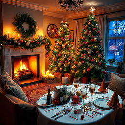 A festive and cozy indoor scene celebrating New Year, featuring a beautifully decorated living room with a large New Year's tree adorned with twinkling fairy lights and colorful ornaments
