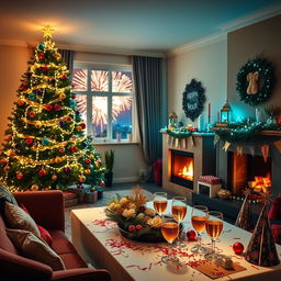 A festive and cozy indoor scene celebrating New Year, featuring a beautifully decorated living room with a large New Year's tree adorned with twinkling fairy lights and colorful ornaments