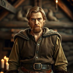 A medieval landlord gazing directly into the camera with an authoritative presence