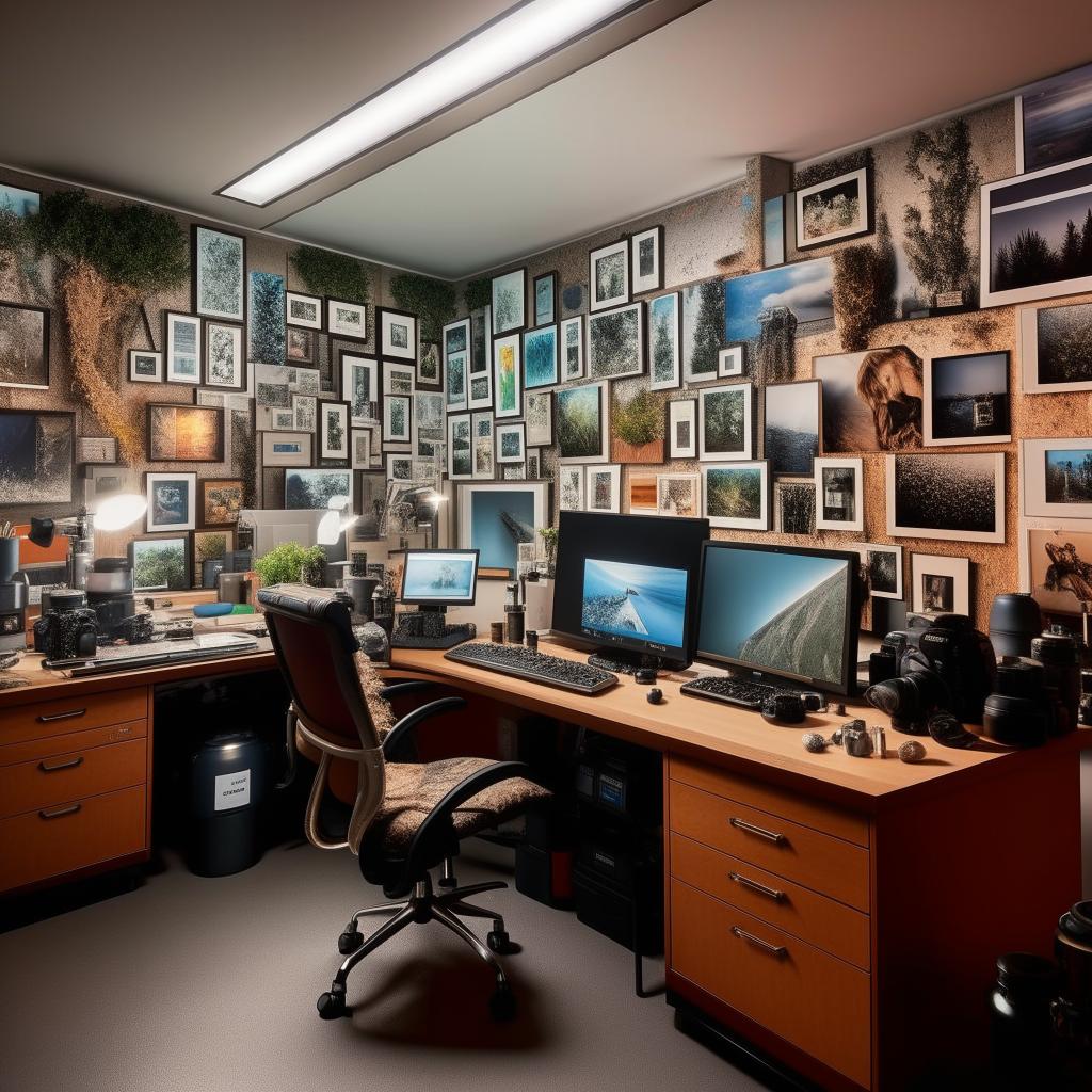 A sophisticated photographer's office featuring walls adorned with diverse photographs, a large desk with a state-of-the-art computer, assorted photography equipment, and creative lighting