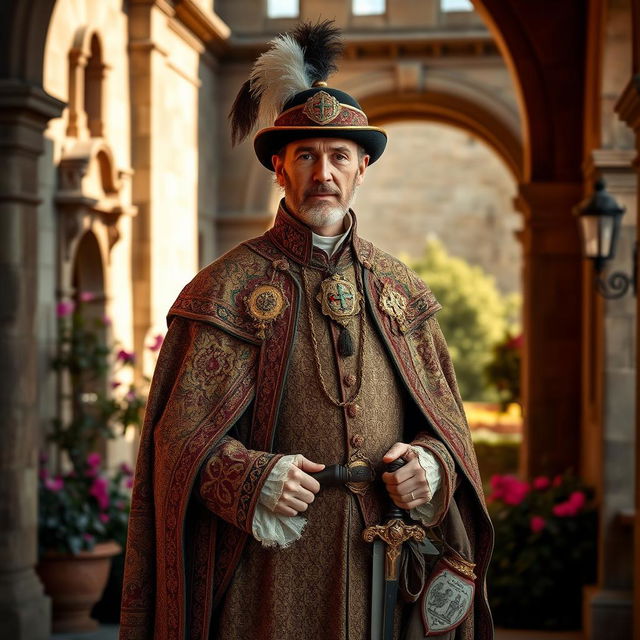 A gentleman of the Order of Toledo, dressed in an ornate historical outfit, featuring intricate patterns and rich textures