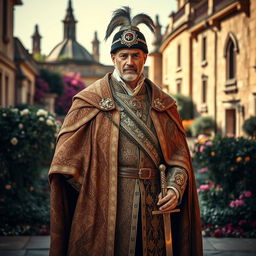 A gentleman of the Order of Toledo, dressed in an ornate historical outfit, featuring intricate patterns and rich textures