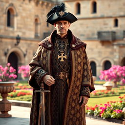A gentleman of the Order of Toledo, dressed in an ornate historical outfit, featuring intricate patterns and rich textures
