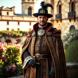 A gentleman of the Order of Toledo, dressed in an ornate historical outfit, featuring intricate patterns and rich textures
