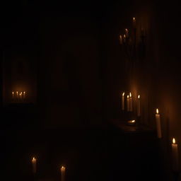 A dimly lit room illuminated by flickering candlelight, creating a warm, soft glow