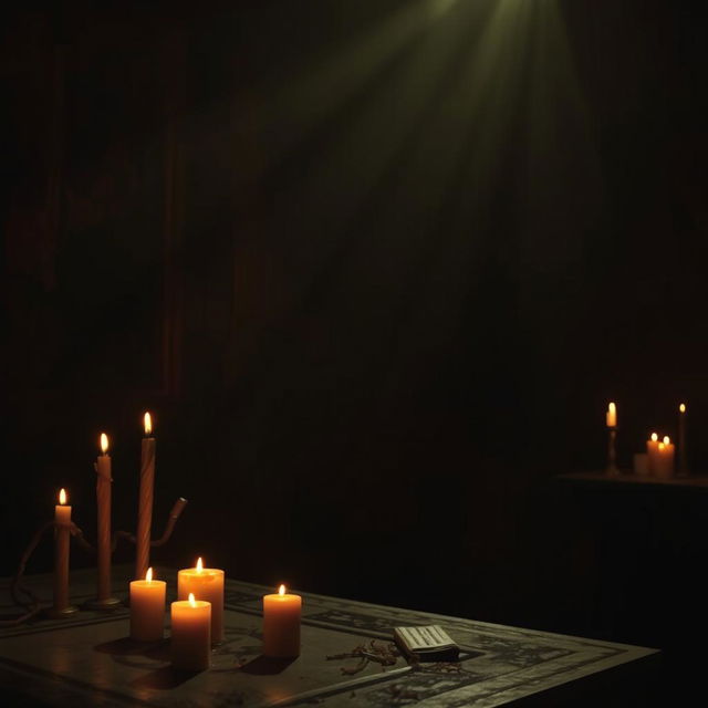 A dimly lit room illuminated by flickering candlelight, creating a warm, soft glow