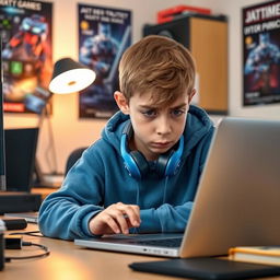 An anxious boy seated at his desk, intently working on a laptop