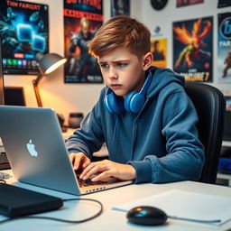 An anxious boy seated at his desk, intently working on a laptop