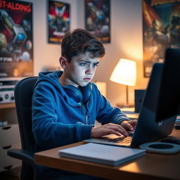 An anxious boy seated at his desk, intently working on a laptop