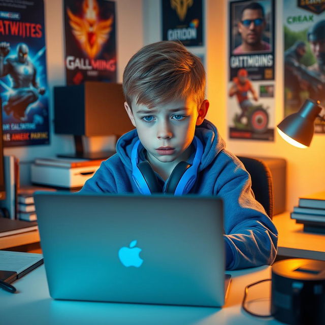 An anxious boy seated at his desk, intently working on a laptop