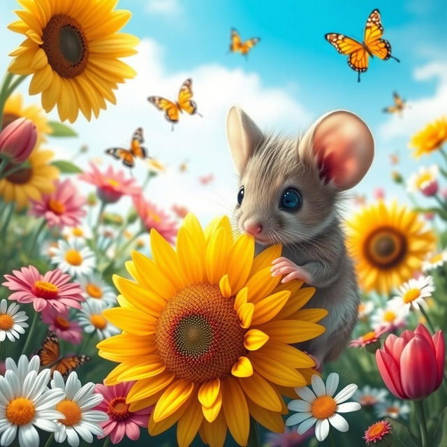 A curious mouse exploring a vibrant, colorful garden filled with a variety of flowers like daisies, tulips, and sunflowers