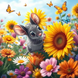 A curious mouse exploring a vibrant, colorful garden filled with a variety of flowers like daisies, tulips, and sunflowers
