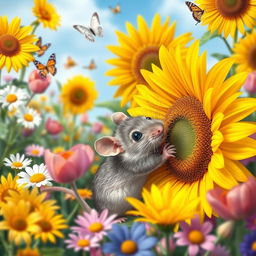 A curious mouse exploring a vibrant, colorful garden filled with a variety of flowers like daisies, tulips, and sunflowers