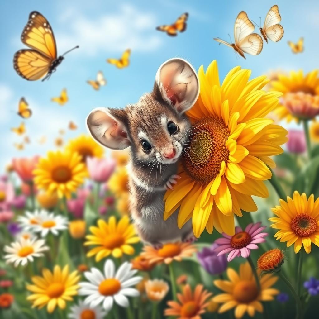 A curious mouse exploring a vibrant, colorful garden filled with a variety of flowers like daisies, tulips, and sunflowers