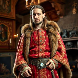 A medieval rich landlord standing at a 20-degree angle to the left while looking directly into the camera with a confident demeanor