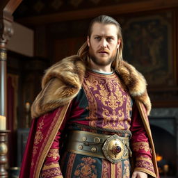 A medieval rich landlord standing at a 20-degree angle to the left while looking directly into the camera with a confident demeanor