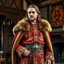 A medieval rich landlord standing at a 20-degree angle to the left while looking directly into the camera with a confident demeanor