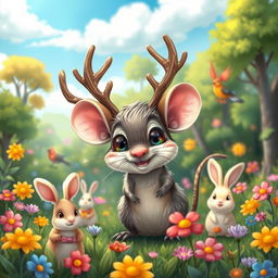 A whimsical and cute depiction of a mouse with antlers, in a vibrant forest setting filled with lush greenery and colorful flowers