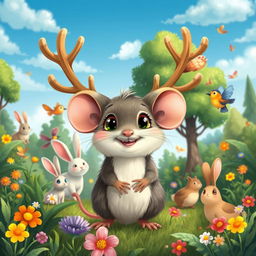 A whimsical and cute depiction of a mouse with antlers, in a vibrant forest setting filled with lush greenery and colorful flowers