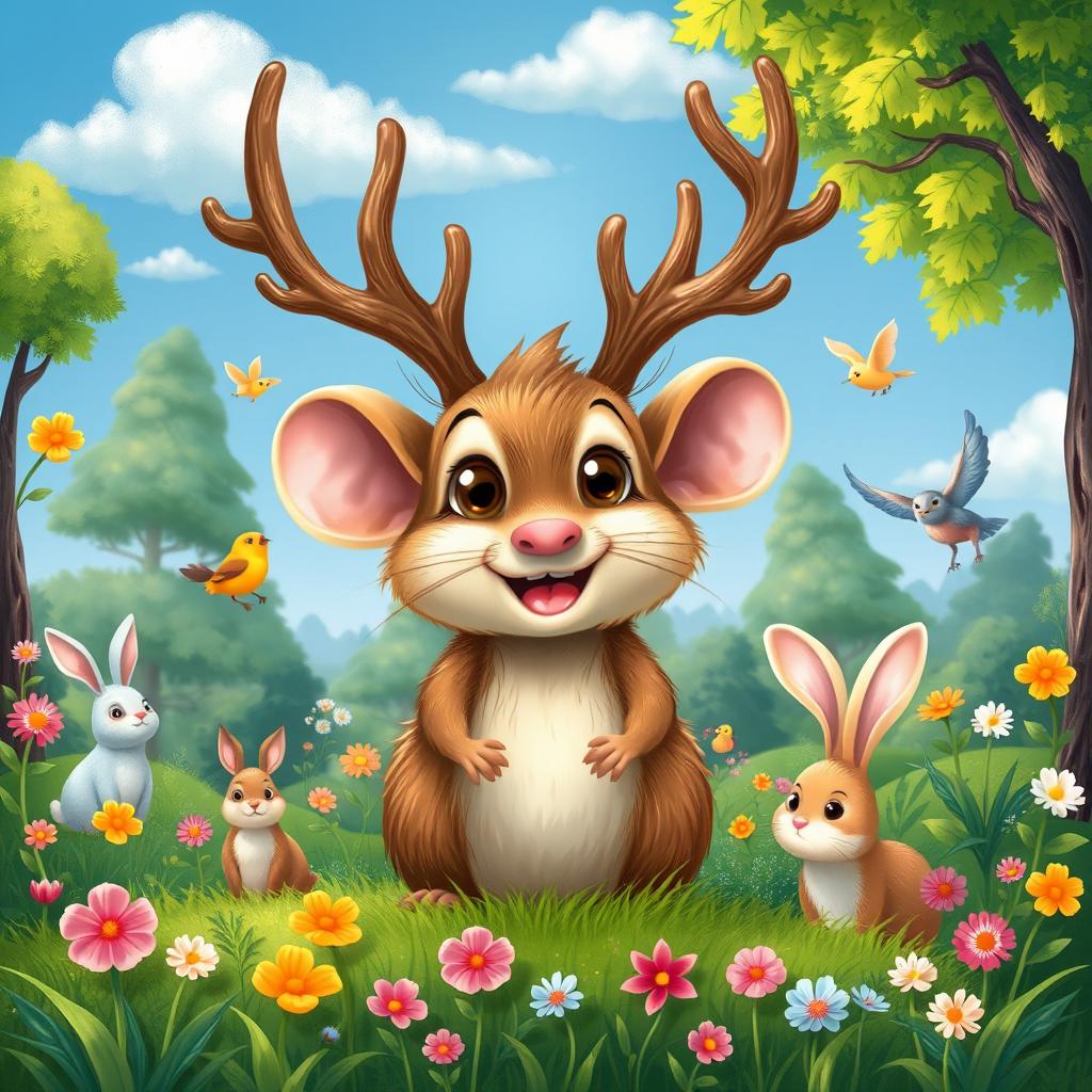 A whimsical and cute depiction of a mouse with antlers, in a vibrant forest setting filled with lush greenery and colorful flowers