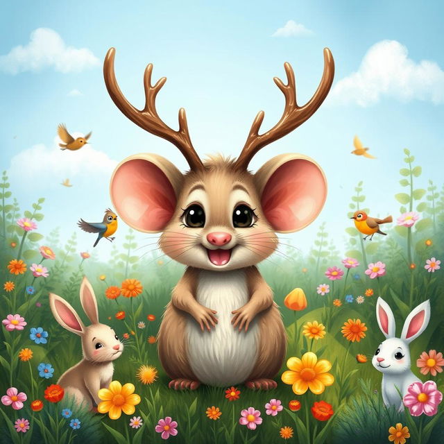 A whimsical and cute depiction of a mouse with antlers, in a vibrant forest setting filled with lush greenery and colorful flowers