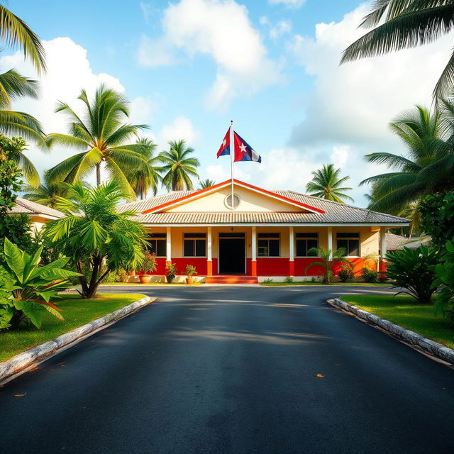 A charming rural school in a Caribbean village, featuring a well-maintained asphalt road leading to the school