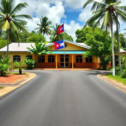 A charming rural school in a Caribbean village, featuring a well-maintained asphalt road leading to the school