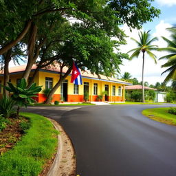A charming rural school in a Caribbean village, featuring a well-maintained asphalt road leading to the school