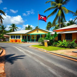 A charming rural school in a Caribbean village, featuring a well-maintained asphalt road leading to the school