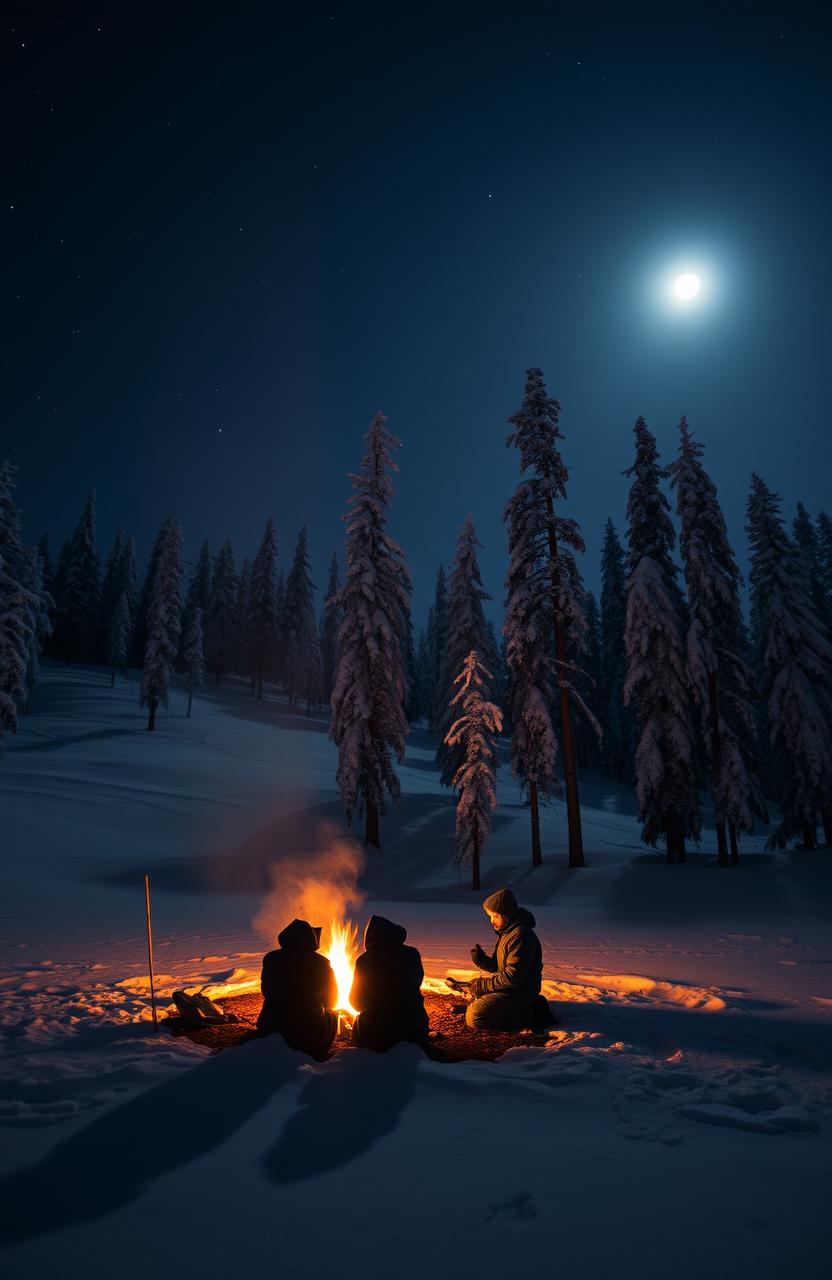 A serene night scene in the Siberian taiga, illuminated by the glow of a distant campfire