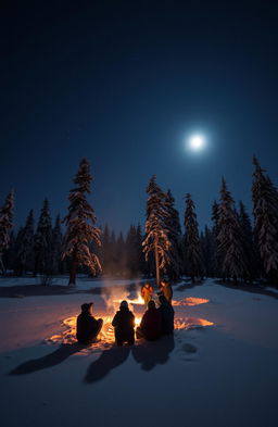 A serene night scene in the Siberian taiga, illuminated by the glow of a distant campfire