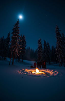 A serene night scene in the Siberian taiga, illuminated by the glow of a distant campfire