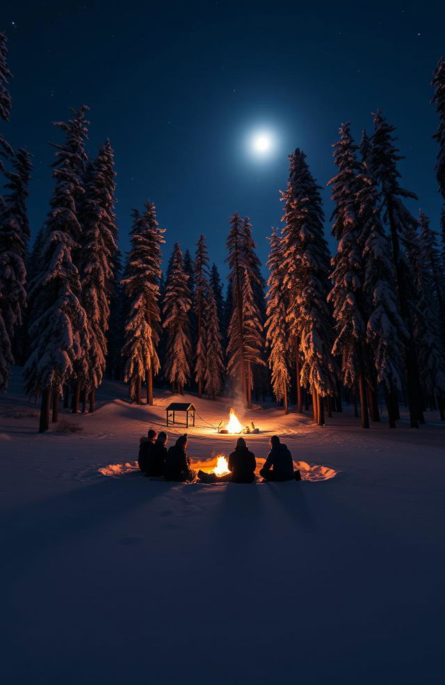 A serene night scene in the Siberian taiga, illuminated by the glow of a distant campfire