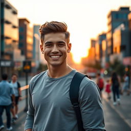 A handsome young man with sharp facial features and a charming smile