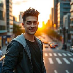 A handsome young man with sharp facial features and a charming smile