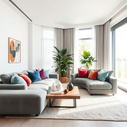 A beautifully designed interior of a modern living room, featuring a plush grey sofa adorned with colorful cushions, a sleek wooden coffee table with elegant decor items, large floor-to-ceiling windows bringing in natural light, and a minimalistic but inviting atmosphere